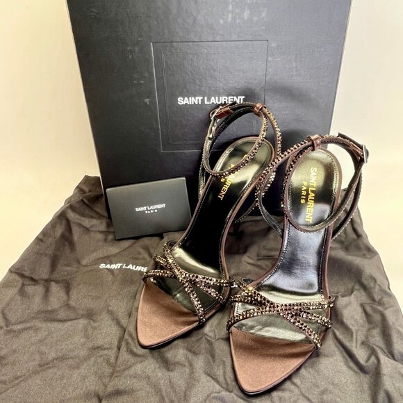 Saint Laurent Ava 105 Heels Size 38 Brown Crystal Embellished Stiletto Sandals - Picture 1 of 16